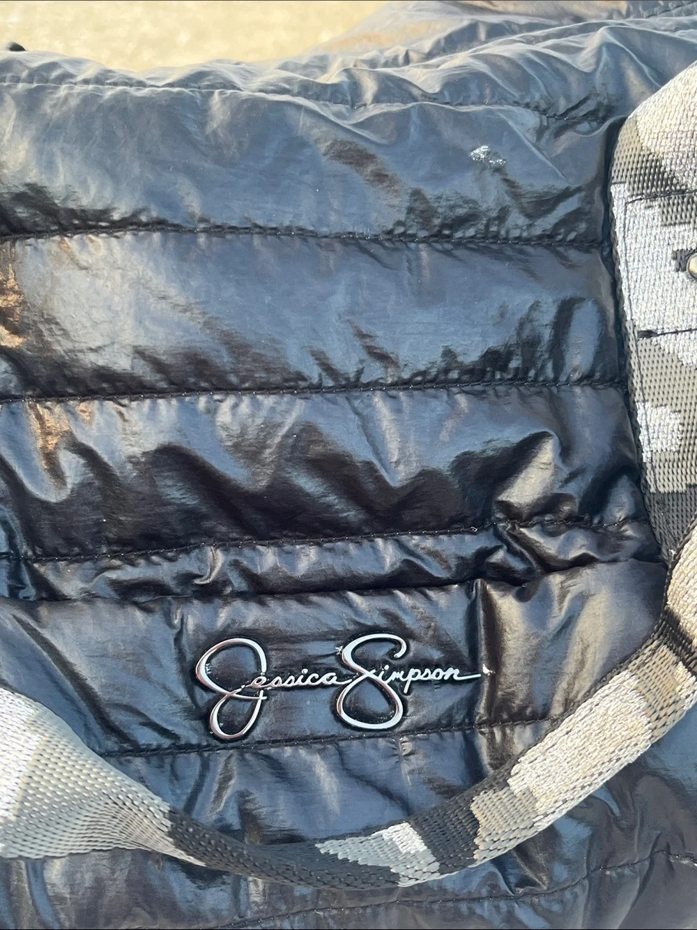 Jessica Simpson Black Quilted Duffel with Patterned Webbed Straps